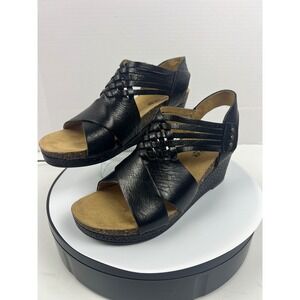 Halsa Gianna Black Leather Woven Wedge Sandals Womens 9.5M Arch Support